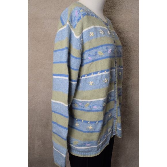Napa Valley Cardigan Sweater Strips Embroidery Beading Green Blue Ramie Angora - Picture 4 of 11